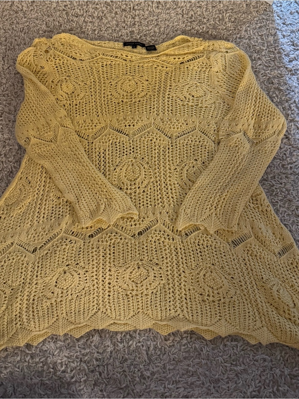 JEANNE PIERRE Pale Yellow Crochet Boatneck Sweater